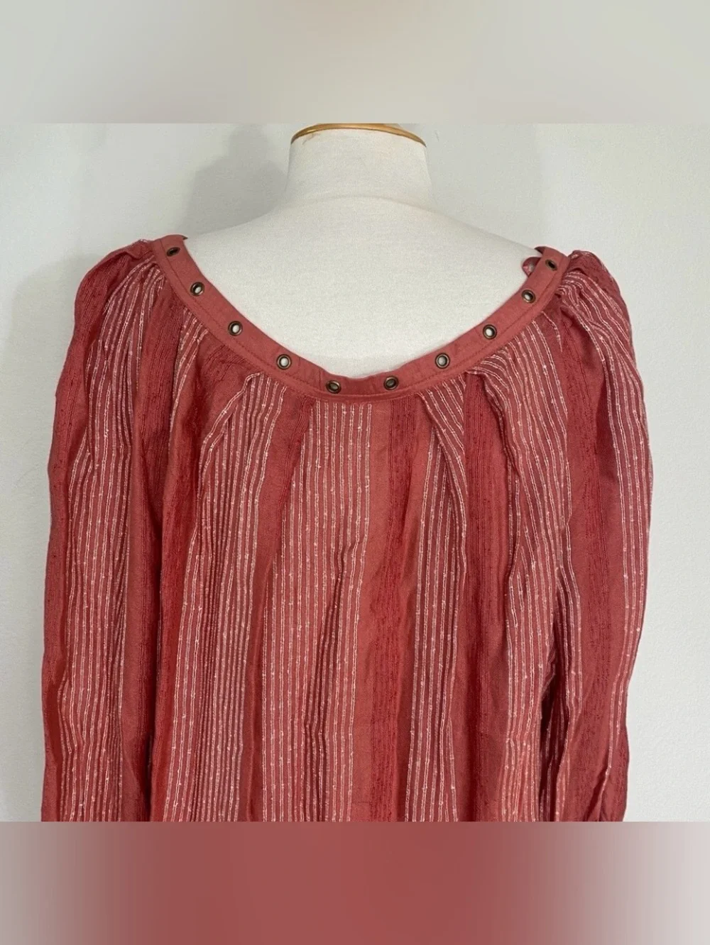 Free People Women Burnt Red Stripe Gauzy Peasant Oversize Blouse Size Large Boho